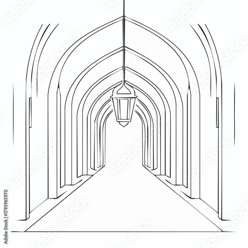 Light-filled tunnel corridor with repeating columns and arches in historic architecture