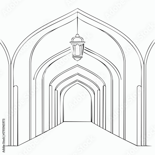 Black and white architectural corridor featuring a white arch in a minimalist interior room