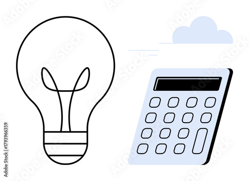 Lightbulb and calculator emphasizing creativity, financial planning, innovation, problem-solving, and knowledge. Ideal for business, education, finance, technology brainstorming strategy simple
