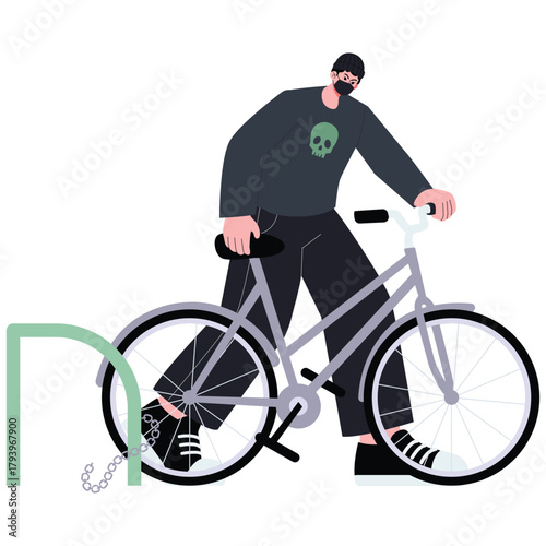 Criminality Illustration. Vector illustration of Masked offender removes a bicycle from a rack, representing stolen property and urban security issues. Isolated on background