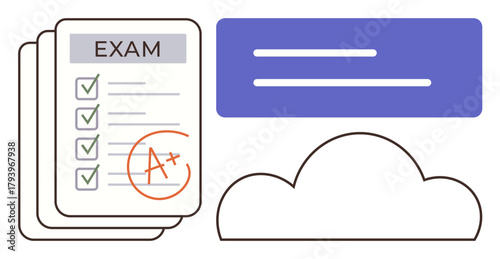 Exam paper with checklist and A grade, cloud icon, and digital interface visuals. Ideal for education, online learning, assessment tools, test preparation, academic success, digital storage simple