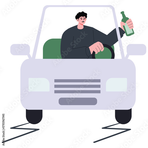 Criminality Illustration. Vector illustration of Driver holds a bottle while steering, highlighting alcohol impairment and DUI danger on roads. Isolated on background