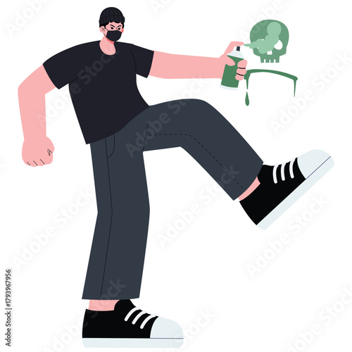 Criminality Illustration. Vector illustration of Masked vandal sprays toxic skull graffiti, depicting defacement, pollution, and law violation. Isolated on background