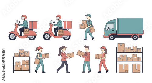 Busy Delivery Workers Loading and Unloading Goods at Warehouse for E commerce Logistics