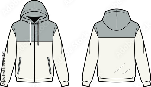 PrintModern hoodie design front and back view, fashion flat sketch, casual streetwear zip up sweatshirt, apparel template, clothing mockup illustration