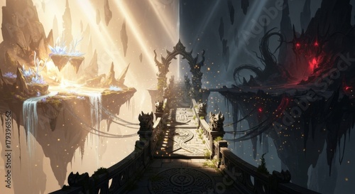 Fantasy landscape with bridge between realms of light and darkness