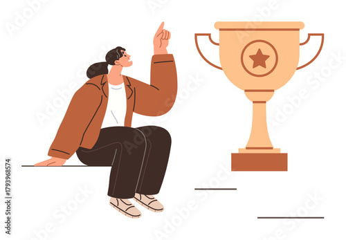 Woman seated, pointing upward at a golden trophy symbolizing achievement and goals. Ideal for concepts thumbs up success, motivation, ambition, recognition, victory, leadership, simple flat metaphor