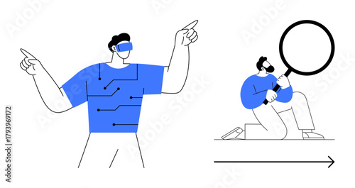 Two individuals explore technology, one with VR headset and virtual circuits, another analyzing data with a magnifying glass. Ideal for innovation, tech, analytics, research, futuristic concepts