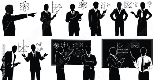 Silhouettes of scientists, educators, students, discussing physics, chemistry, mathematics, data, equations, graphs, atom models, formulas, academic collaboration, classroom learning