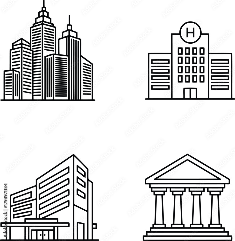 Obraz premium City buildings line art icons set: skyscraper, hospital, mall, museum vector graphics