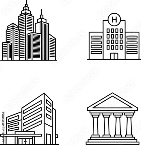 City buildings line art icons set: skyscraper, hospital, mall, museum vector graphics
