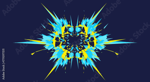 A dynamic abstract explosion of sharp, jagged light blue and yellow shapes bursts from a central point on a deep navy background, creating a powerful visual.