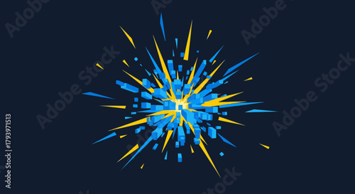 A vibrant abstract explosion of blue and yellow geometric elements creates a dynamic and energetic visual on a deep navy background, symbolizing innovation and digital energy.