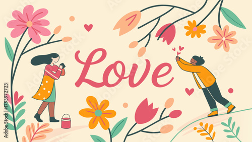 Valentine's day love illustration with flowers and people sharing love and romantic feelings concept design
