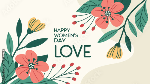 Happy women's day floral greeting card with love message and flower bouquet illustration vector design