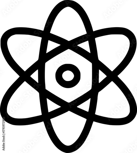 An outline icon representing atomic structure, science, physics, chemistry, technology, research, and matter.