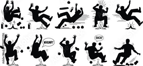 Silhouette, comic strip, banana peel, falling person, accident, humor, slapstick, motion, WHUMP, OUCH, food flying, stumble, fall, cartoon, sequence, injury, funny moment, visual gag, comic fall, i