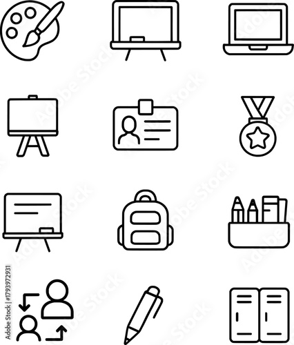 A collection of outline icons for education, art supplies, learning, training, achievement, and classroom essentials