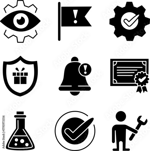 Essential Glyph Icons for Inspection, Quality Control, Alerts, and Maintenance