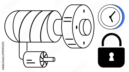 CCTV camera with cylindrical design, padlock, and clock symbolizing surveillance, protection, time-based monitoring, and security protocols. Ideal for safety, privacy, control monitoring vigilance