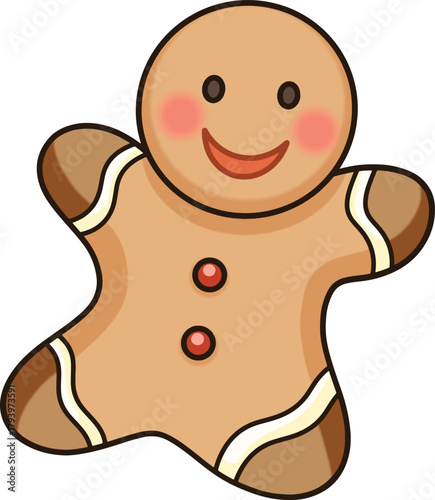 Gingerbread man cartoon with a smiling face and red cheeks and cherry buttons