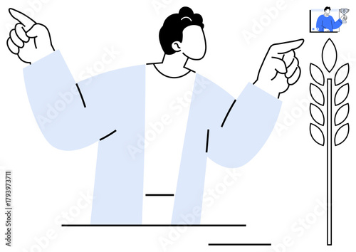 Abstract person gesturing in opposite directions, small screen showing collaboration, wheat stalk signifying agriculture. Ideal for topics thumbs up decision-making, technology, farming