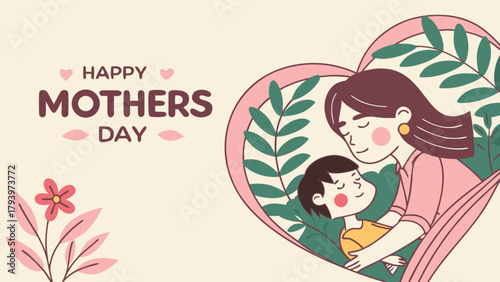 Happy mothers day illustration with mother and child in heart shape background vector graphic design element