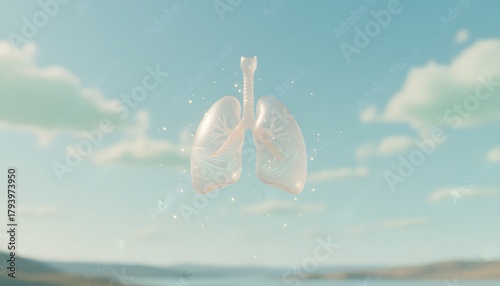 Conceptual 3d lungs floating in blue sky with calm atmosphere promoting respiratory health and breathing with environmental wellness and healthcare