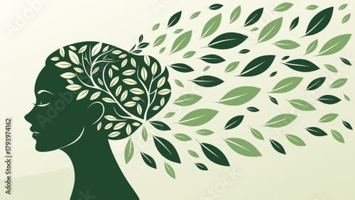 Woman nature head tree leaves concept art for mental health and wellness vector illustration design