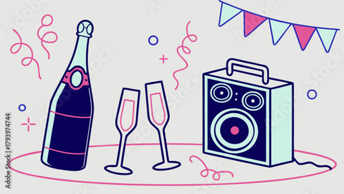 Celebration party with champagne bottle glasses speaker and banner for festive event occasion design