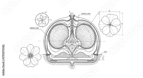 An elaborate technical drawing presents a symmetrical, organic design, possibly an architectural detail, complemented by precise floral schematics and measurement lines.