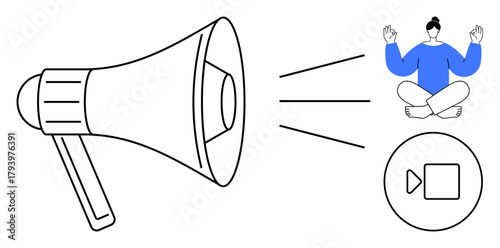 Megaphone releasing sound waves towards symbols of meditation and video call, representing communication, mindfulness, and virtual connection. Ideal for messaging, calm, tech, teamwork, awareness