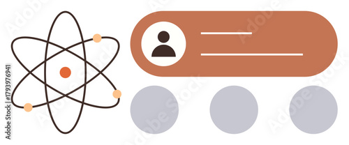 Atom with orbiting electrons next to user profile with text lines and circular placeholders. Ideal for science, education, data, technology, research, profile interface, innovation. Simple flat