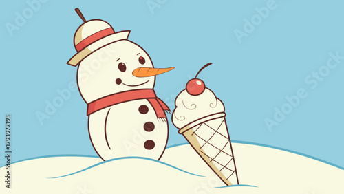Cute snowman with ice cream cone vector illustration for winter holiday season design and christmas theme art