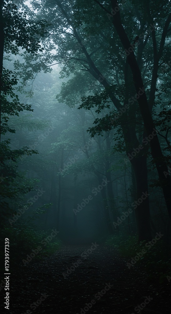 Fototapeta premium Deep, ancient woodland enveloped in a mysterious fog, illuminated by a soft, otherworldly glow, evoking wonder and magic ,atmospheric ,trees ,silence