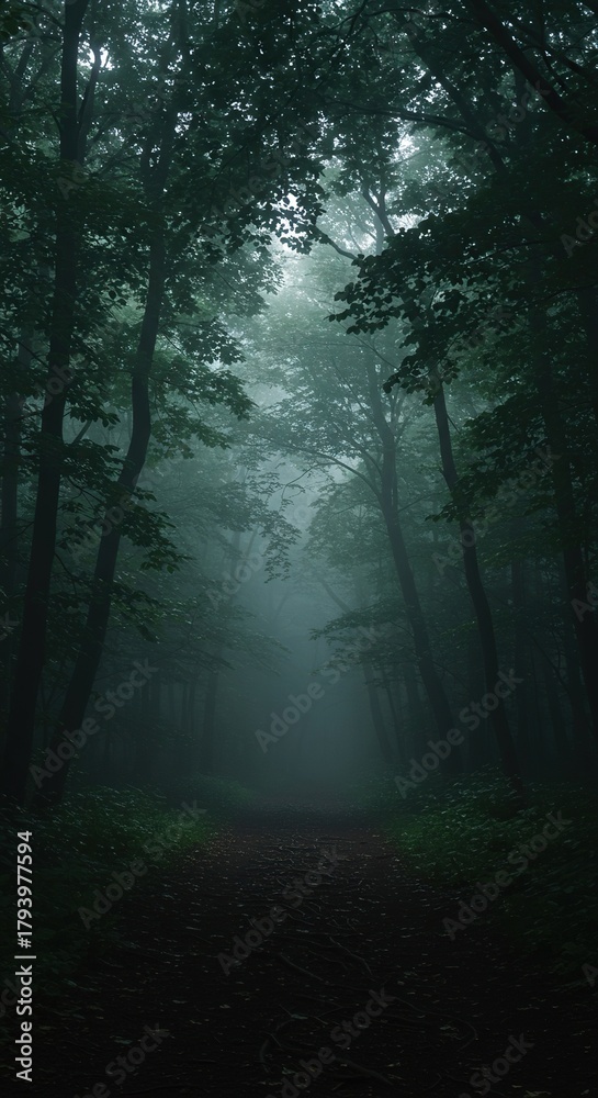 Fototapeta premium Deep, ancient woodland enveloped in a mysterious fog, illuminated by a soft, otherworldly glow, evoking wonder and magic ,trees ,growth ,environment