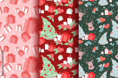 Christmas vector seamless patterns set. Bright simple style New Year's prints. Holiday fabric collection. Cute cartoon elements textile, cloth swatch. Many flat funny icons. Gift wrapping paper design