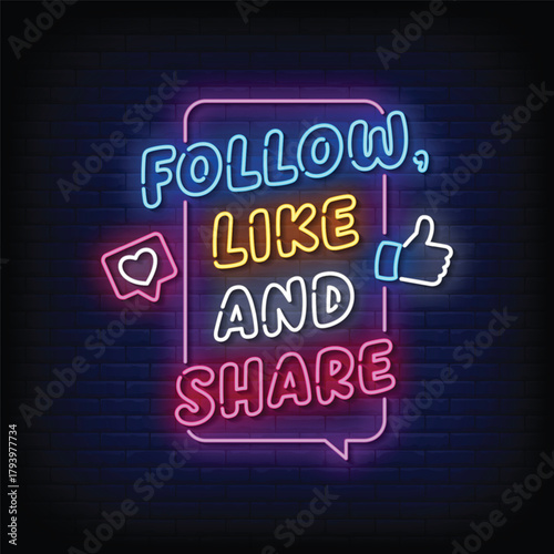 follow like and share neon signboard with brick wall background vector