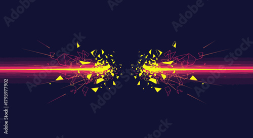 A vibrant red light beam emanates from the center, creating an energetic explosion of abstract yellow geometric fragments on a dark background.