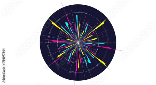 A vibrant abstract visualization featuring colorful lines radiating from a central point within a dark blue circle, symbolizing data, science, and technology.