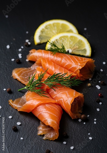 Delicate slices of premium smoked salmon arranged artistically, garnished with fresh dill and bright lemon wedges, ready for a gourmet meal ,fresh ,appetizer ,elegant
