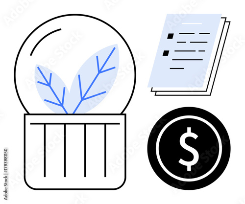 Leaves in a globe, stack of papers suggesting documentation, and a money icon emphasize eco-friendly growth, investment, and financial planning. Ideal for sustainability, finance, business, ecology