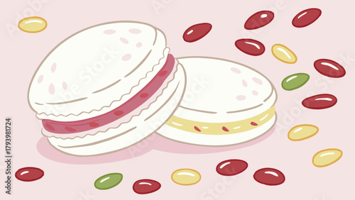 Delicious macarons french dessert vector illustration with candy and pastel background for bakery shop 100
