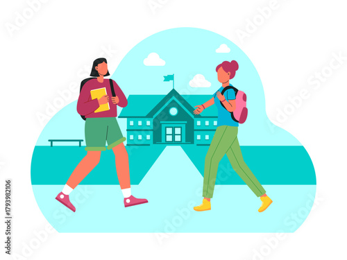 Female student standing at the front of the school greeting her friend who was walking towards her. Back to school vector illustration. Flat illustration concept.