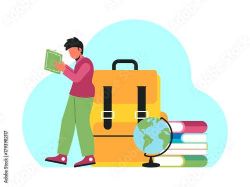 Male student is reading a book while leaning on a large backpack. Back to school vector illustration. Flat illustration concept.