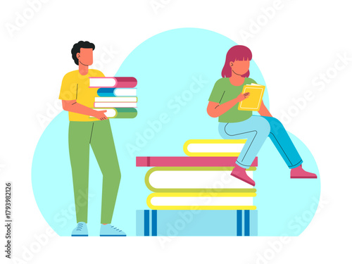 Male students are standing while carrying a pile of books while female students are reading books while sitting on a pile of books. Back to school vector illustration. Flat illustration concept.