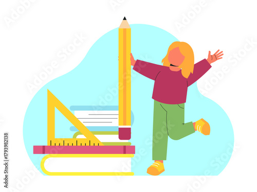 A happy student stands holding a large pencil in her hand. Back to school vector illustration. Flat illustration concept.