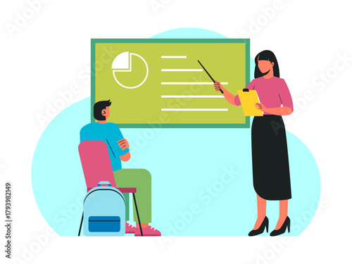 A teacher is standing while pointing to the blackboard, he is teaching his male student who is sitting on a chair while listening to him. Back to school vector illustration. Flat illustration concept.