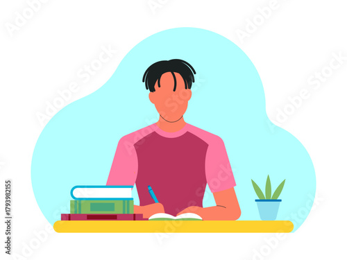 A student sits doing his homework at a table. Back to school vector illustration. Flat illustration concept.