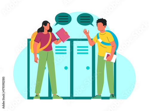 Two students are chatting in front of their lockers. Back to school vector illustration. Flat illustration concept.